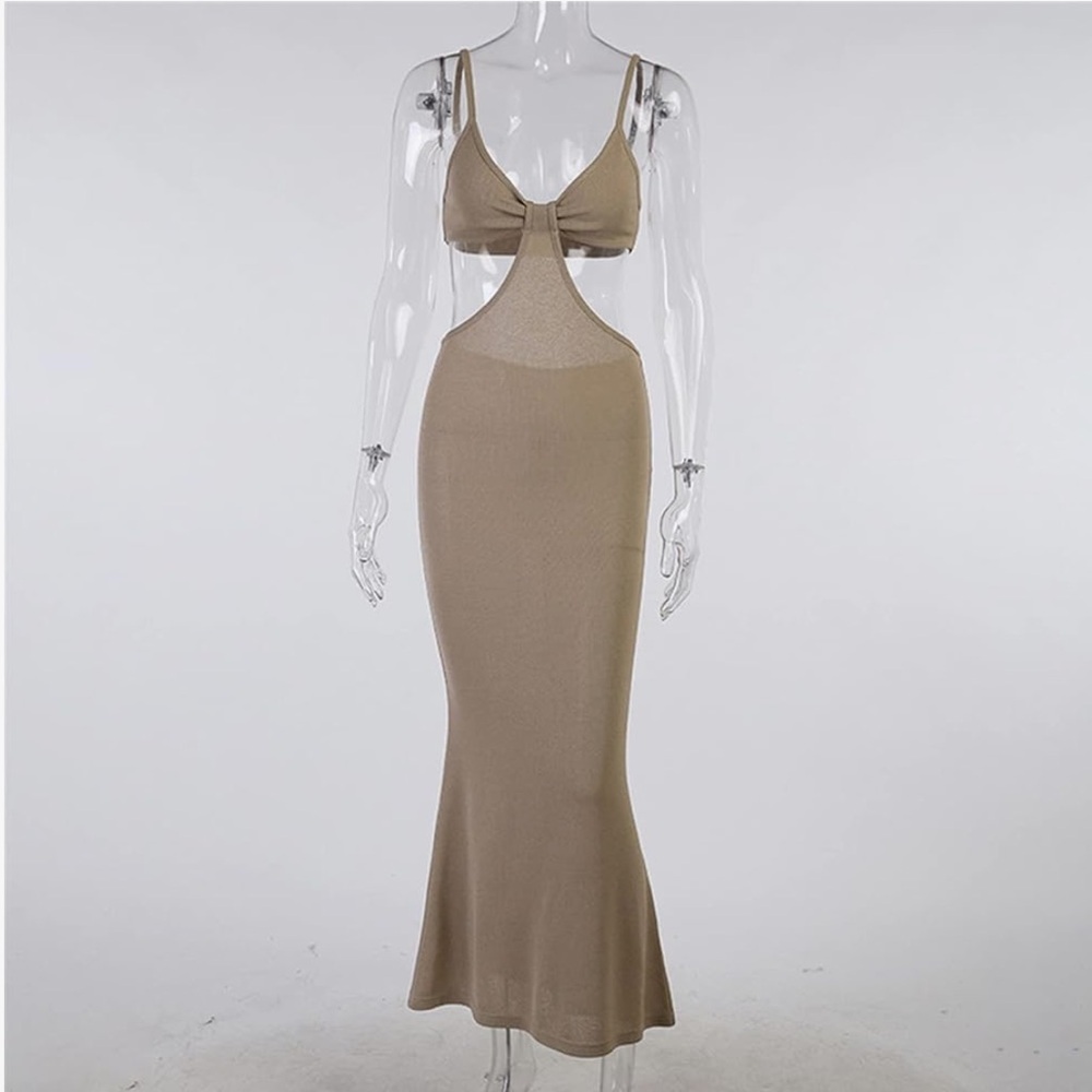 Women’s khaki/gold Cult Gia inspired Cutout Backless Form Fitting Long Dress